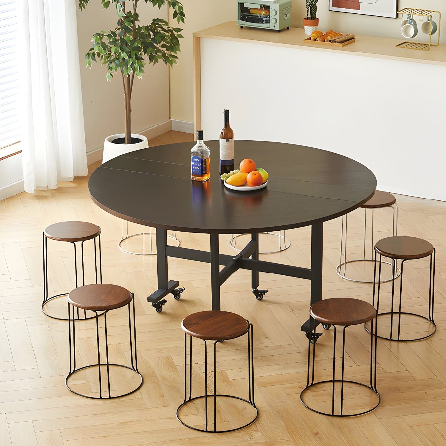 Modern Foldable Manufactured Wood Round Top Dining Table with Movable Steel Black Trestle thumbnail 1