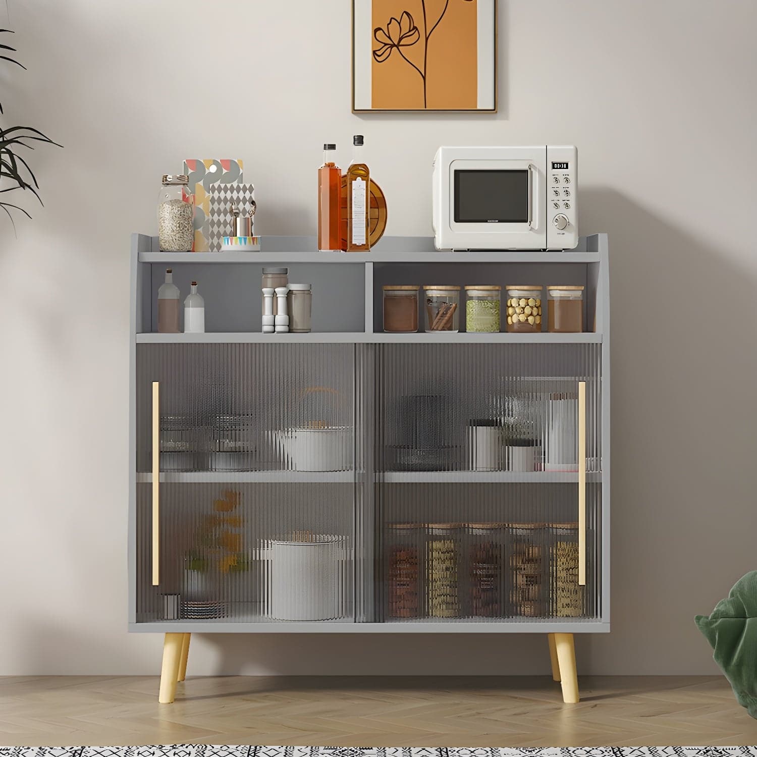 Scandinavian Wood Sideboard Credenza with Acrylic Doors and Cabinet Storage thumbnail 2
