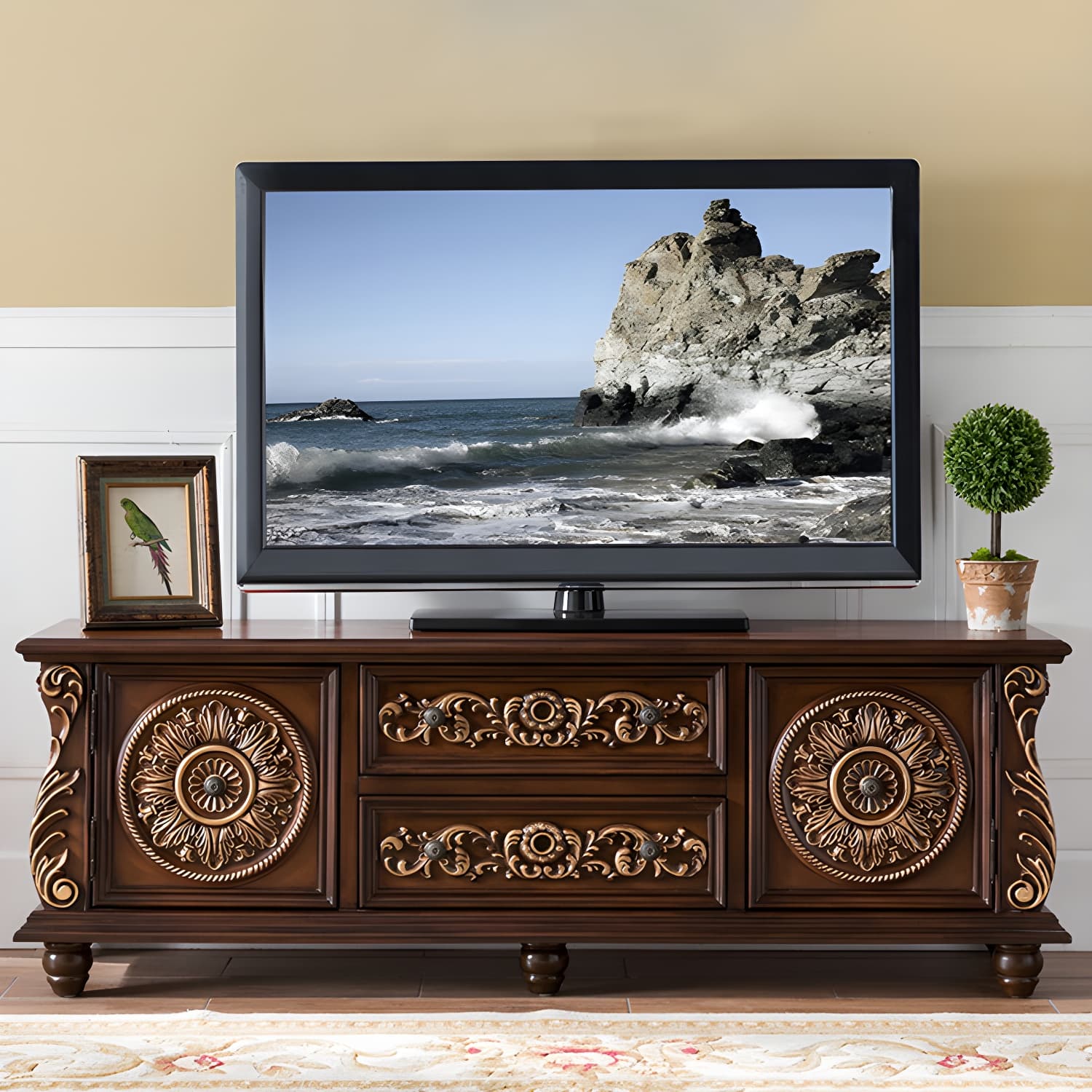Traditional Rubberwood Media Console Matte Finish TV Media Stand with Drawers thumbnail 3