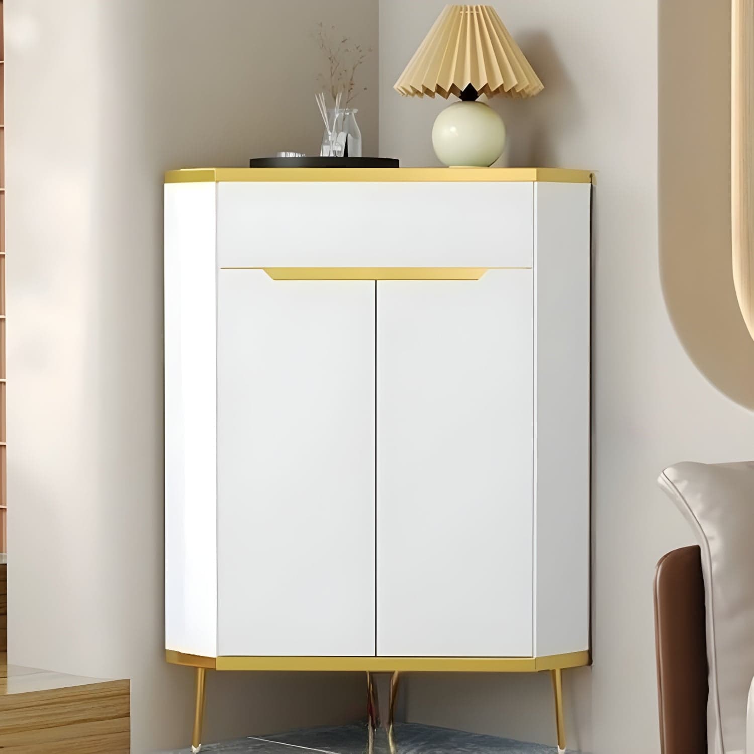 Glam Gold Corner Cabinet with Drawers and Cabinet Included- Scratch resistant & Soft-Close Doors thumbnail 3