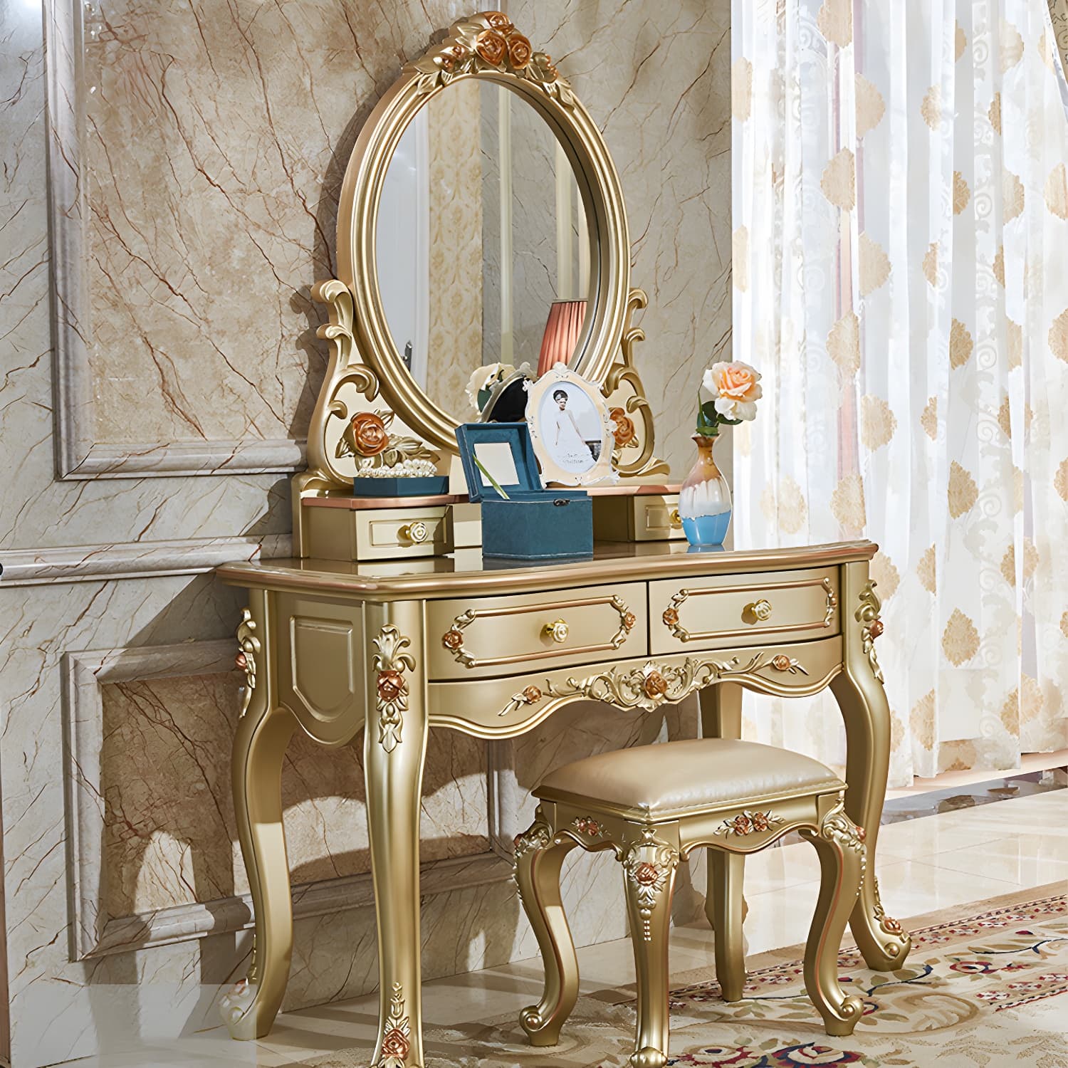 Victorian Makeup Vanity Desk Wood Makeup Vanity Set with Drawer thumbnail 7