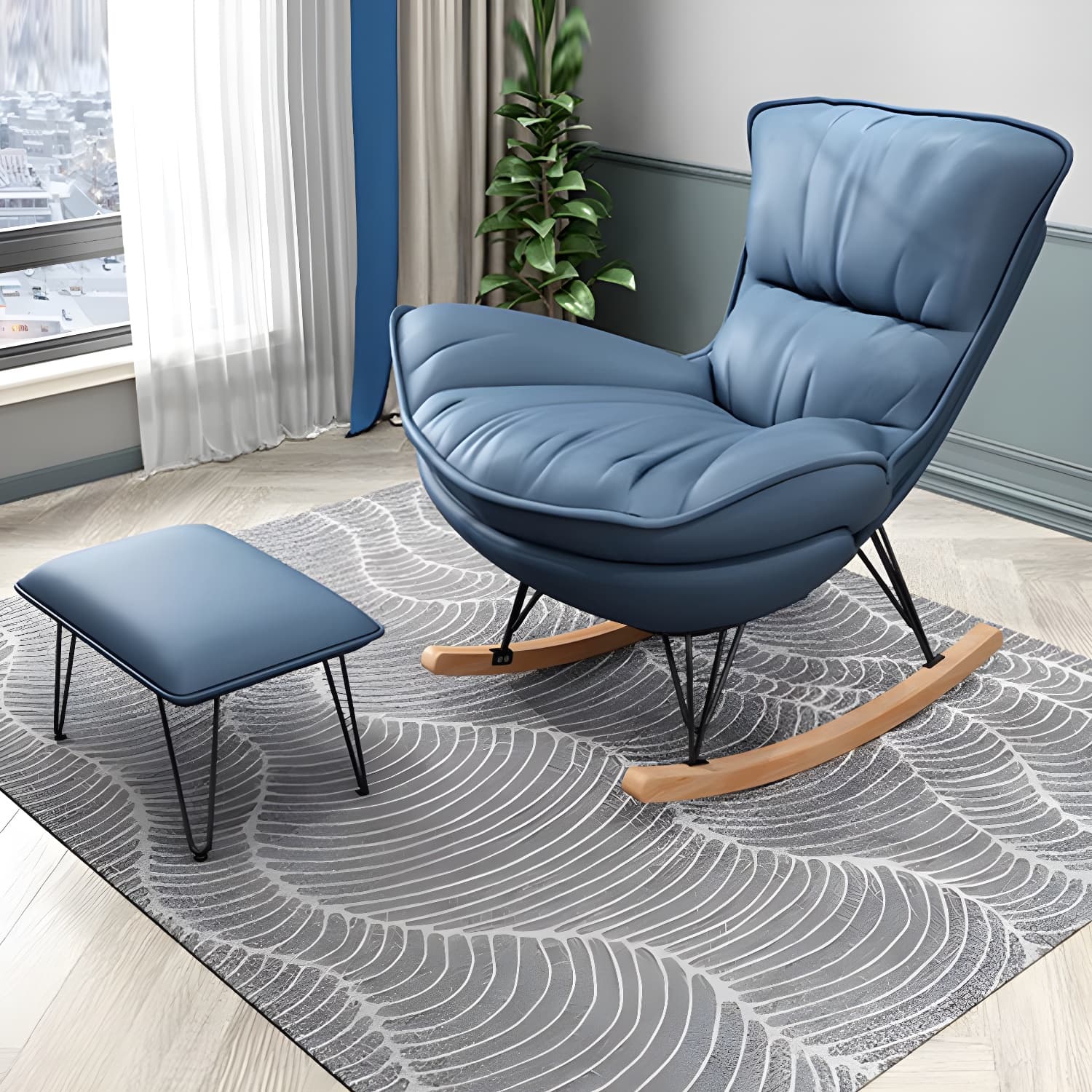 Stylish Modern Indoor Rocking Chair with Ottoman - Upholstered Seat and Natural Wood Legs thumbnail 13