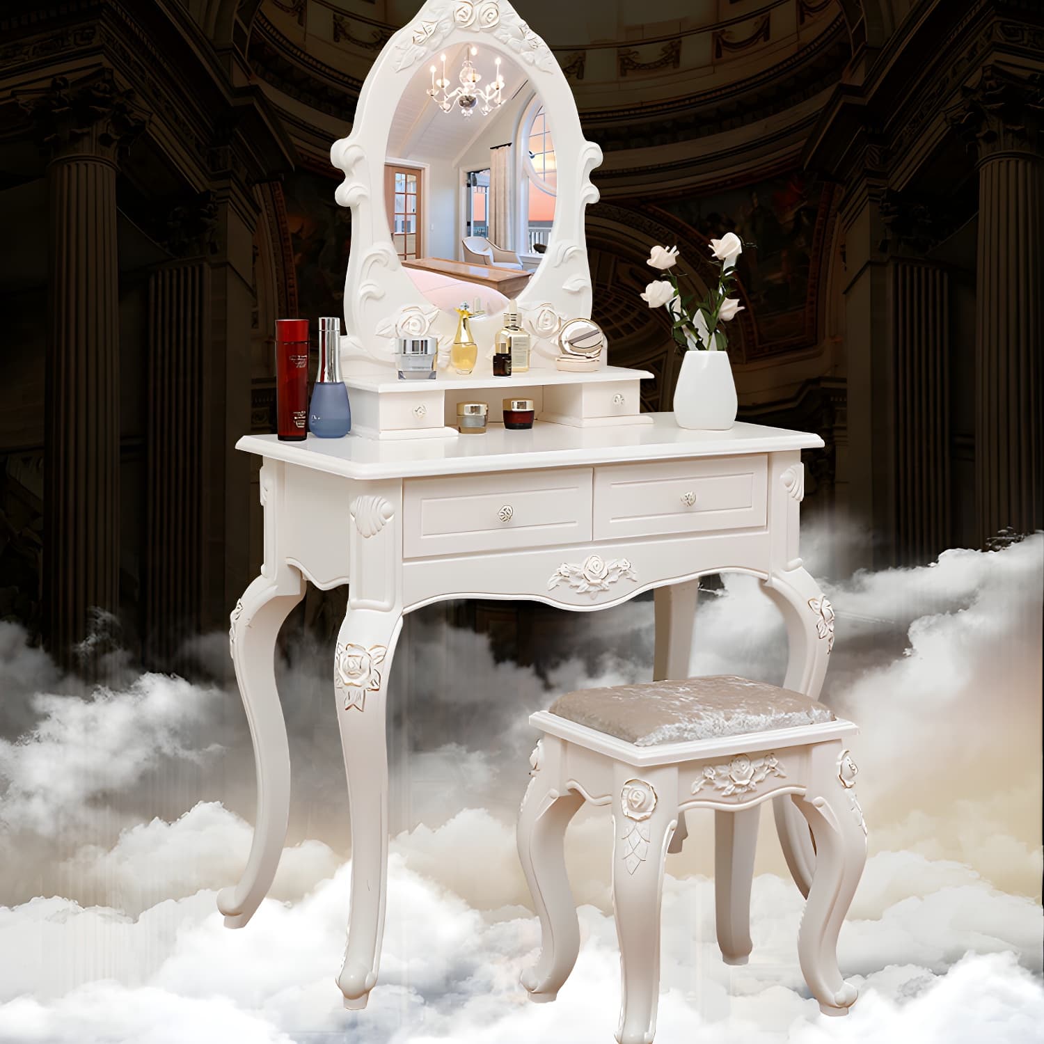Victorian Bedroom With Drawer Mirror Solid Wood Makeup Vanity Set thumbnail 12