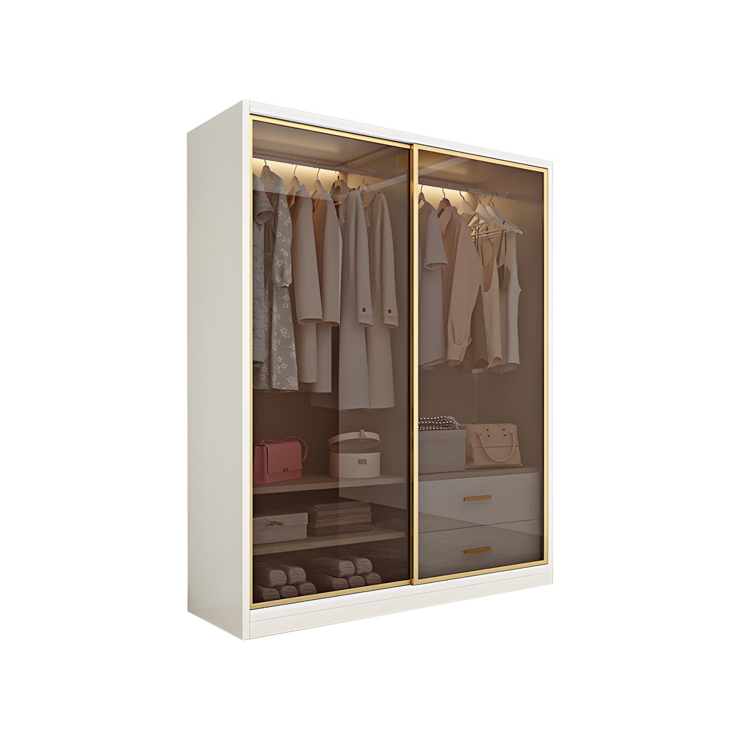 Modern White Wood Frame Wardrobe Freestanding Wardrobe with Sliding Glass Doors thumbnail 5