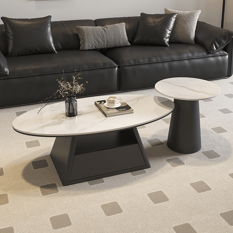 Single Board Game Coffee Table with Slate Top and Base, Elliptical Shape, 1 Drawer, and 1 Shelf thumbnail 5