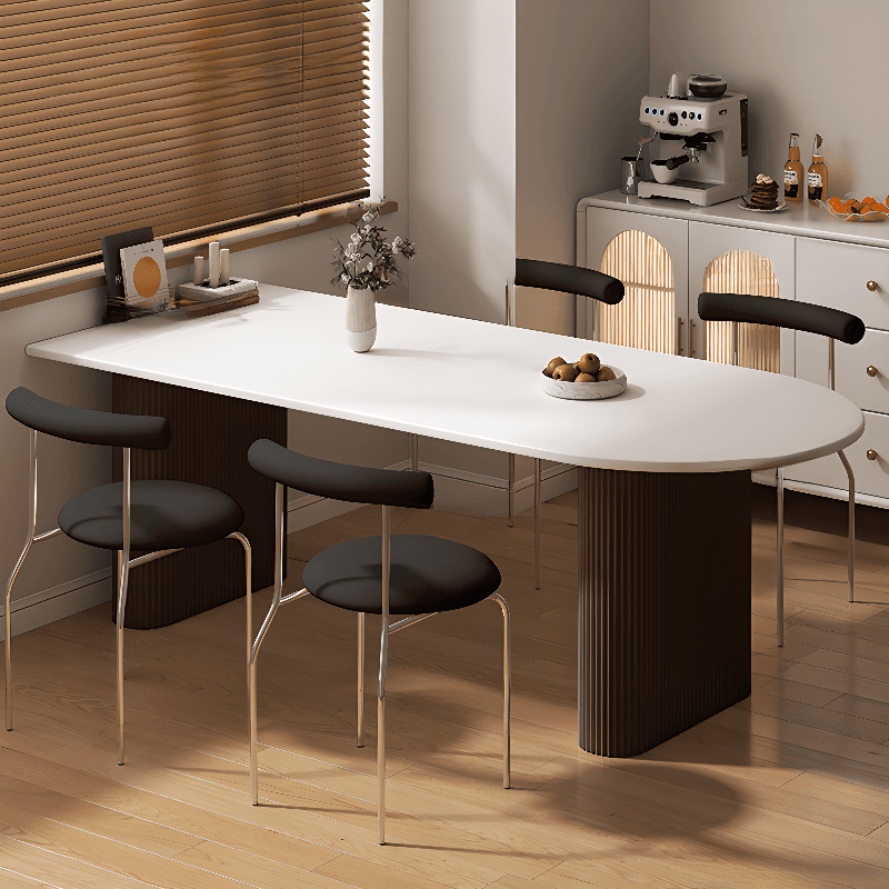 Minimalist Dining Table Set with White Slate Top and Two-sided Pedestal Base, Featuring a Fixed Table thumbnail 4