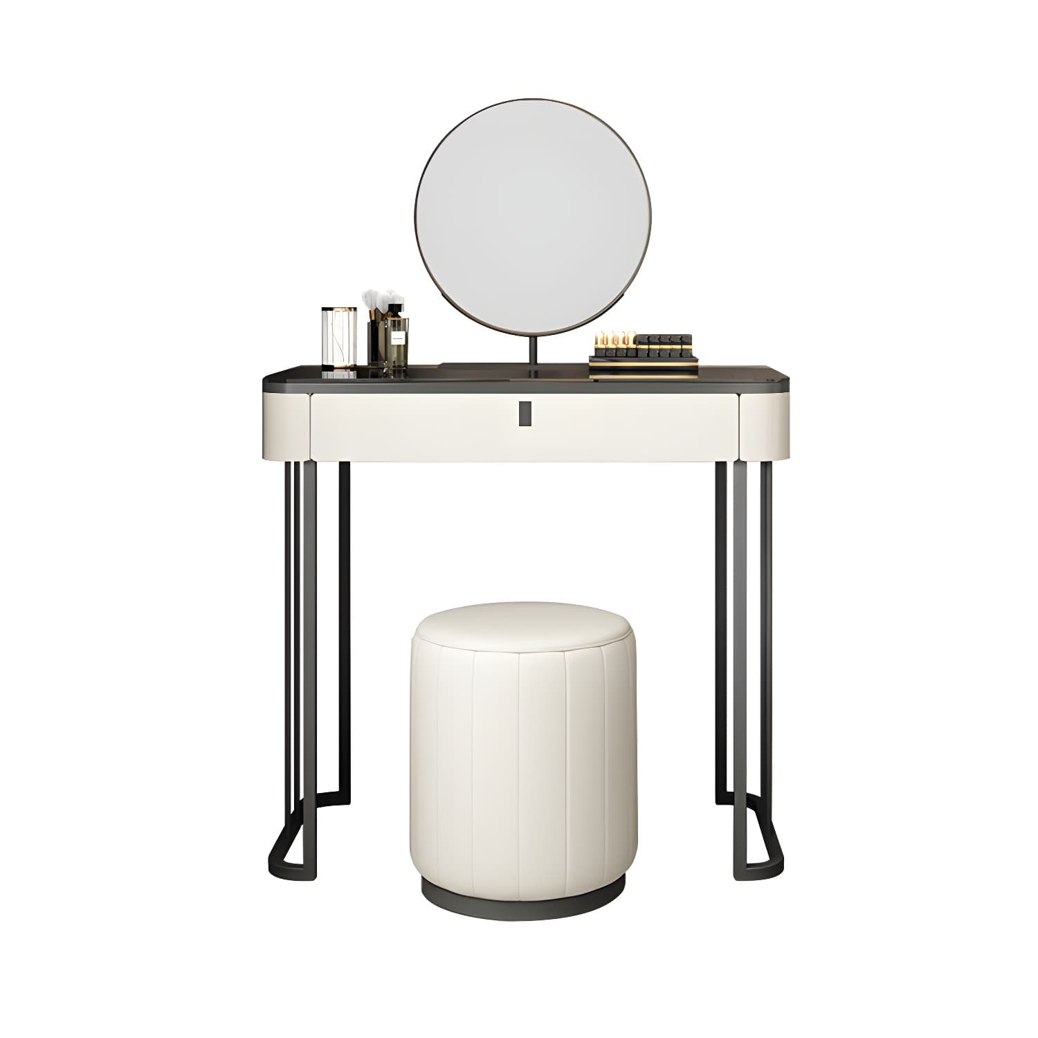 Modern Minimalist White Vanity Table Set 29.53" H Glass Top Vanity Table with Storage thumbnail 14