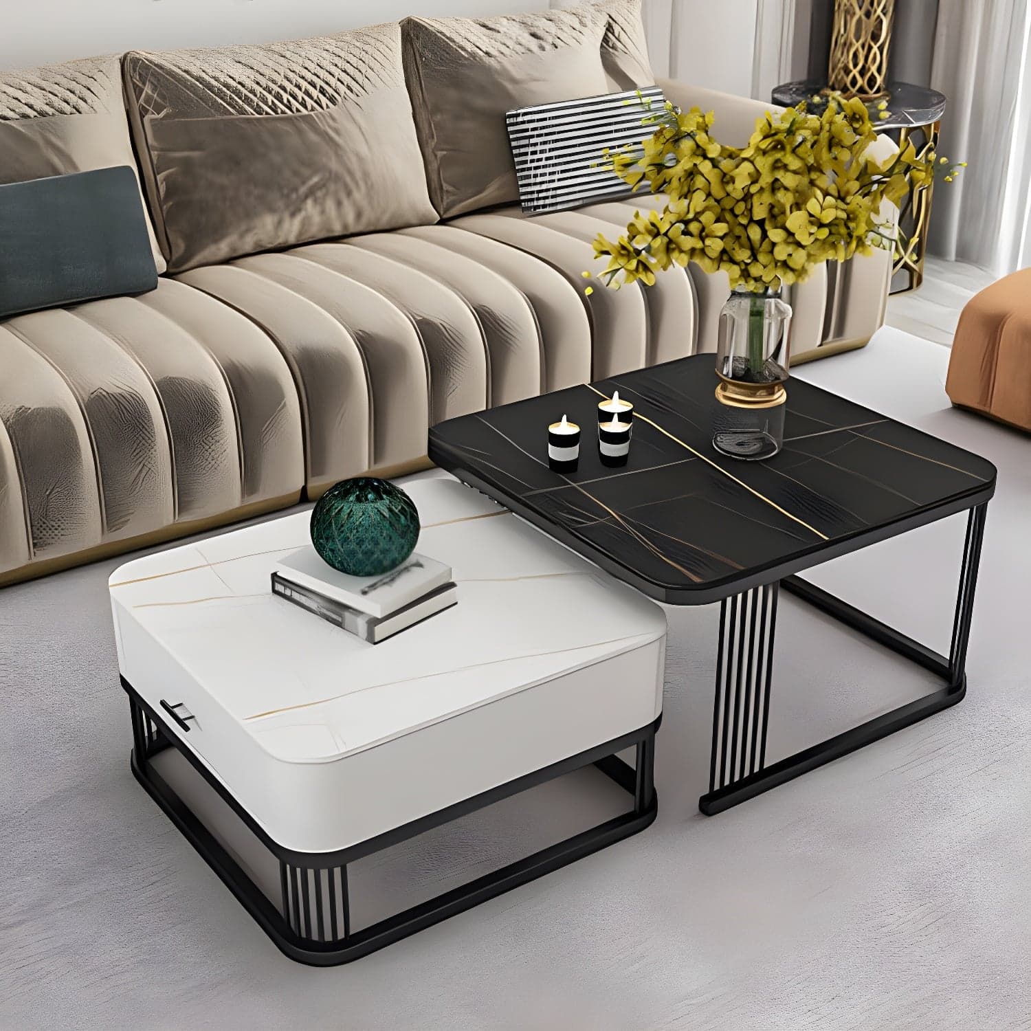Square Slate Top Coffee Table with Drawers Frame Base 2 Nestling Cocktail Table thumbnail 2