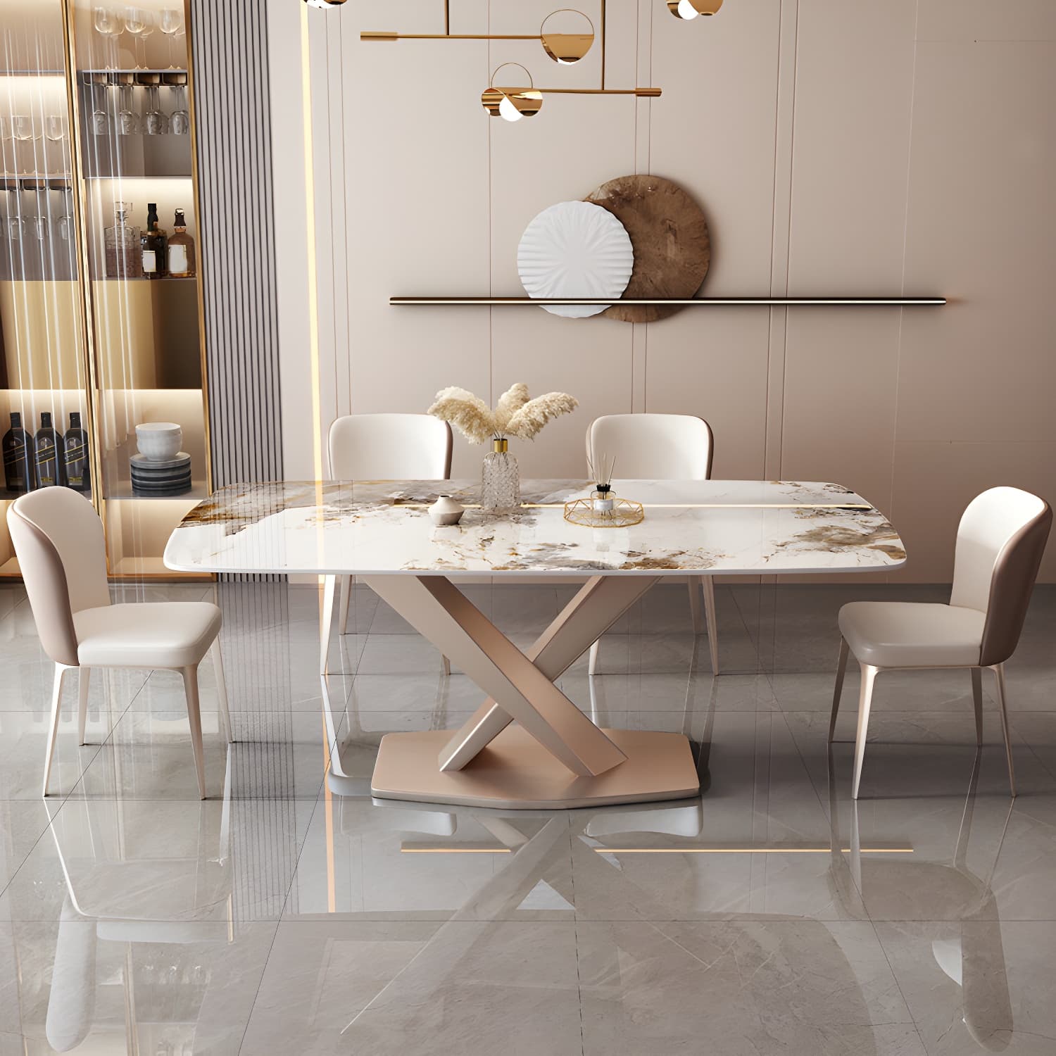 Modern Sintered Stone Top Dining Set Rectangle 1/2/5/7 Pieces Dinette Table Set in Gold thumbnail 2