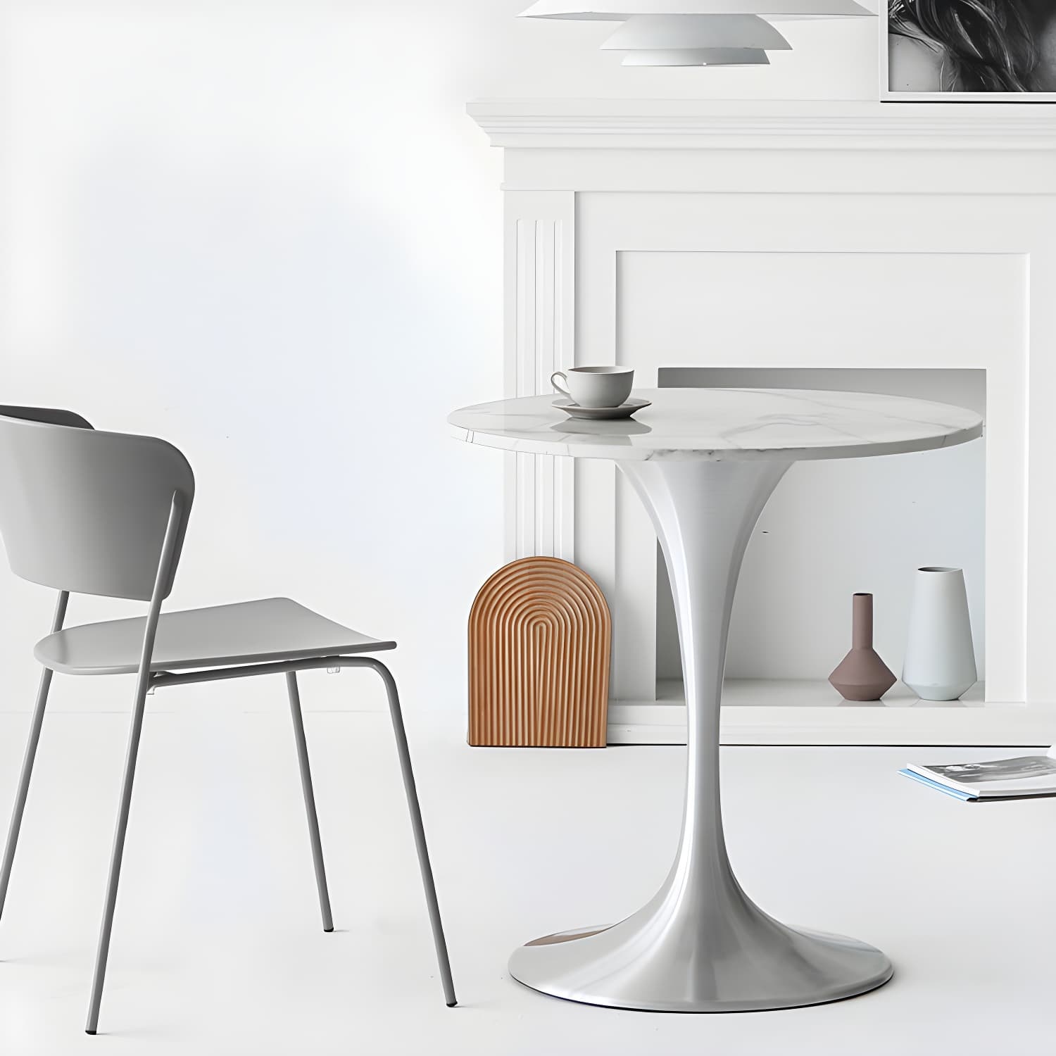 Metal Modern Round Dining Table Marble Top Indoor Table with Tulip Base thumbnail 4