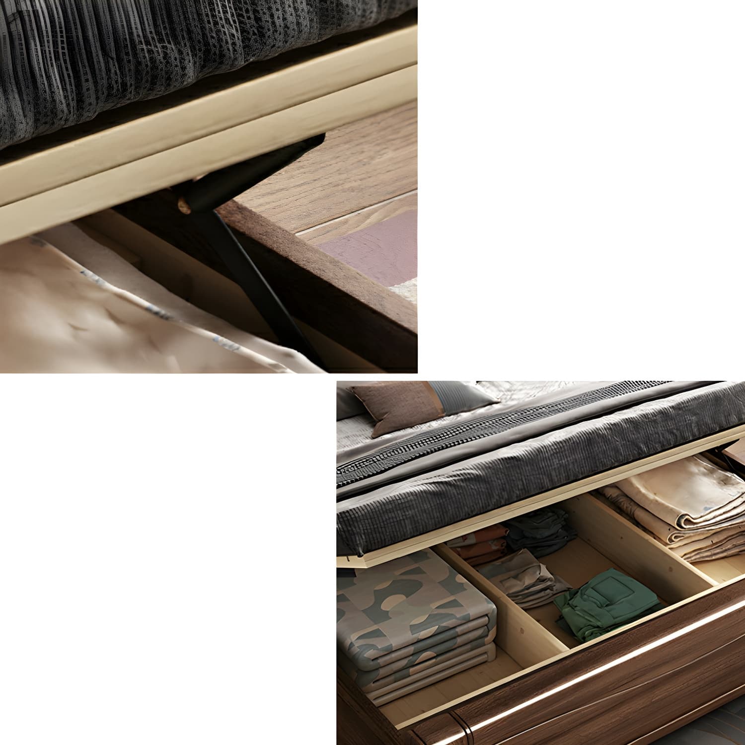 Traditional Walnut Wood Brown Bed with Rectangular Upholstered Headboard for Bedroom thumbnail 8