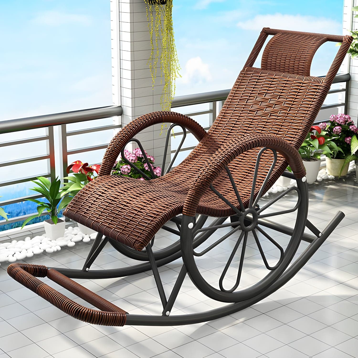 Modern Spindle Rattan Rocking Chair Metal Frame Wheel Handrail Design Rocker Chair thumbnail 9