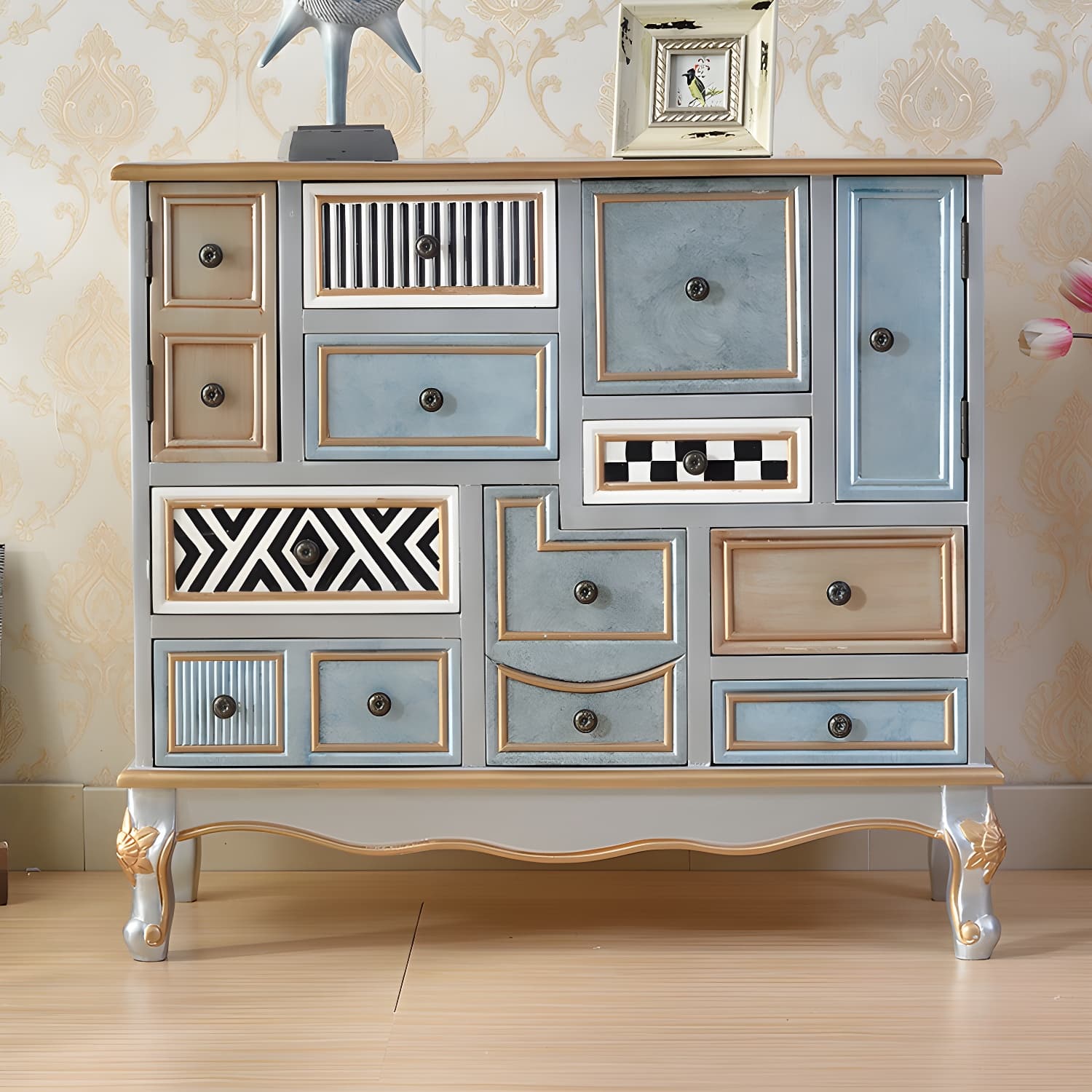 Industrial Painted Accent Cabinet with Drawers Solid Wood Chest thumbnail 8