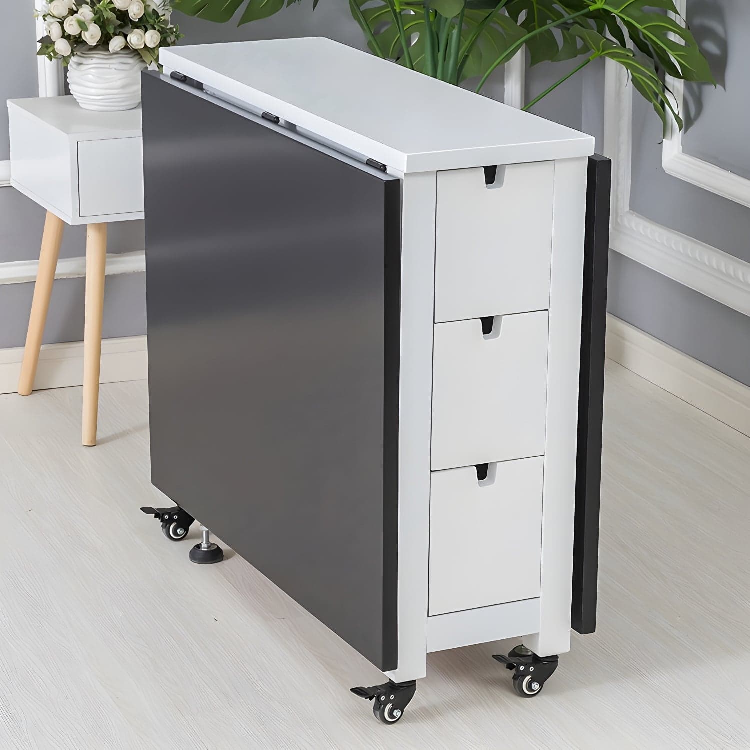Modern Birch Wood Drop Leaf Rectangle Kitchen & Dining Table with Pedestal Base and Storage Included thumbnail 2