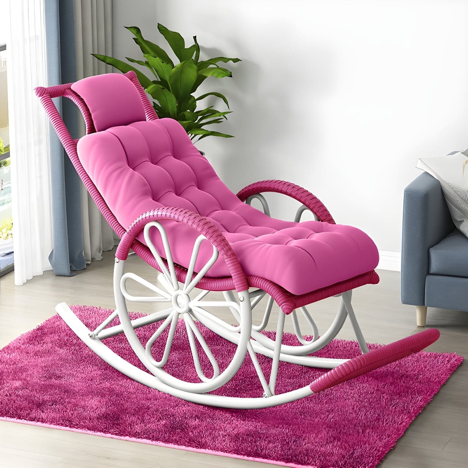 Modern Rocker Wicker Removable Cushions Tufted with Gray Frame Rocking Chair thumbnail 6