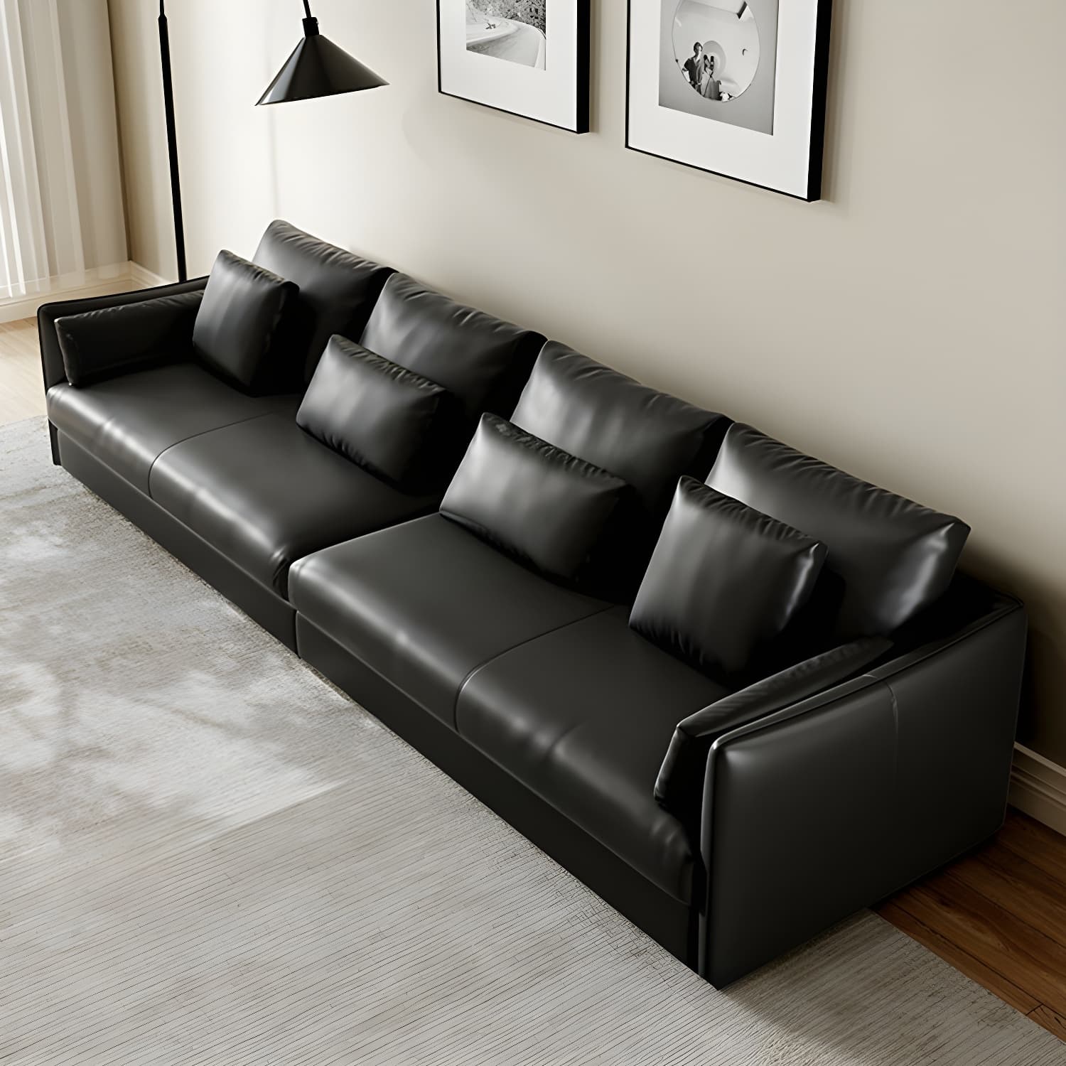 Modern Genuine Leather Sectional Sofa in Black with Recessed Arm thumbnail 3