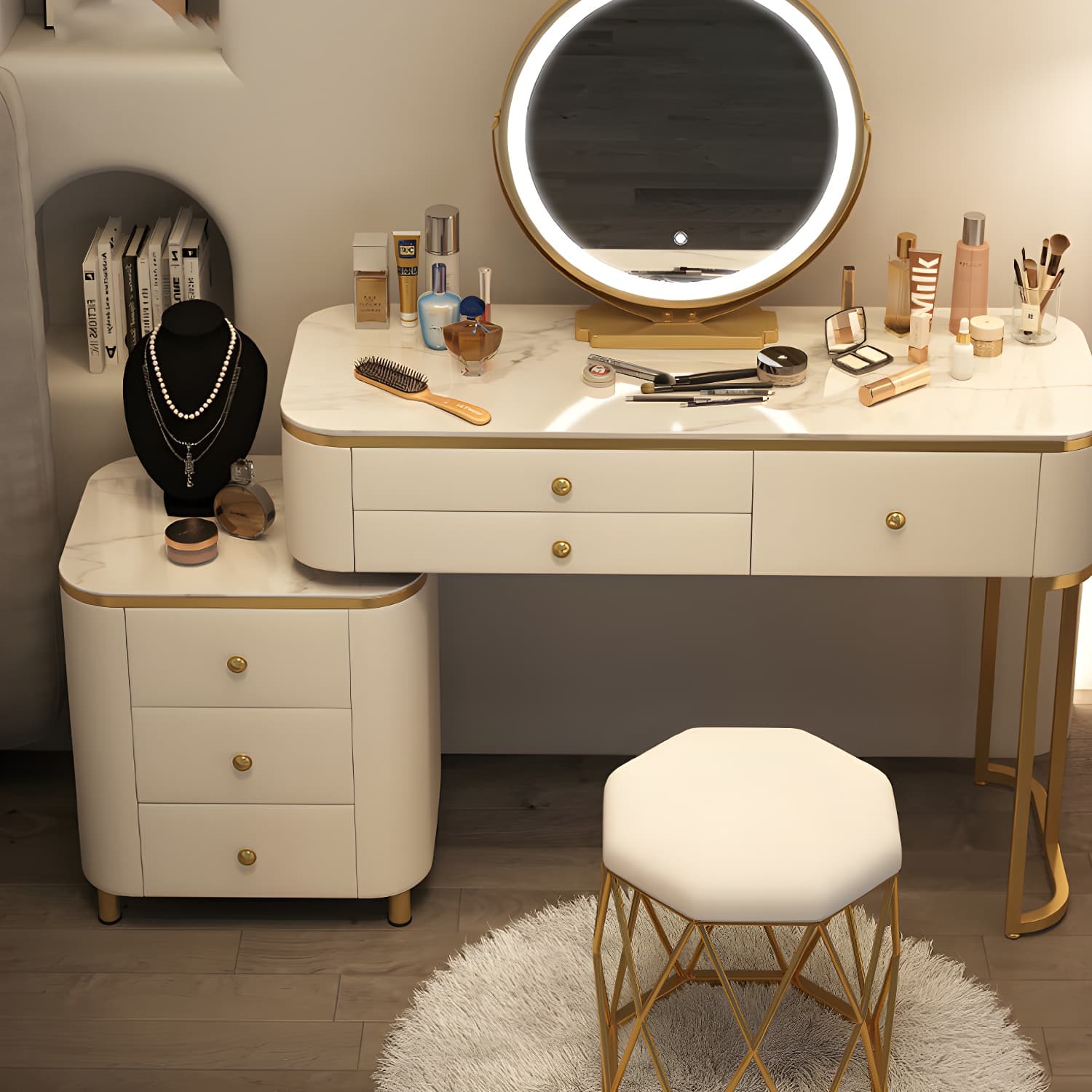 Scandinavian Wooden Vanity Desk in White Modern with Drawers Dressing Table thumbnail 13
