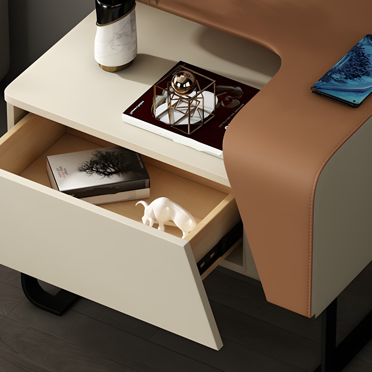 Modern Wooden Nightstand 19" Tall Sled Bedside Cabinet with Drawer thumbnail 14