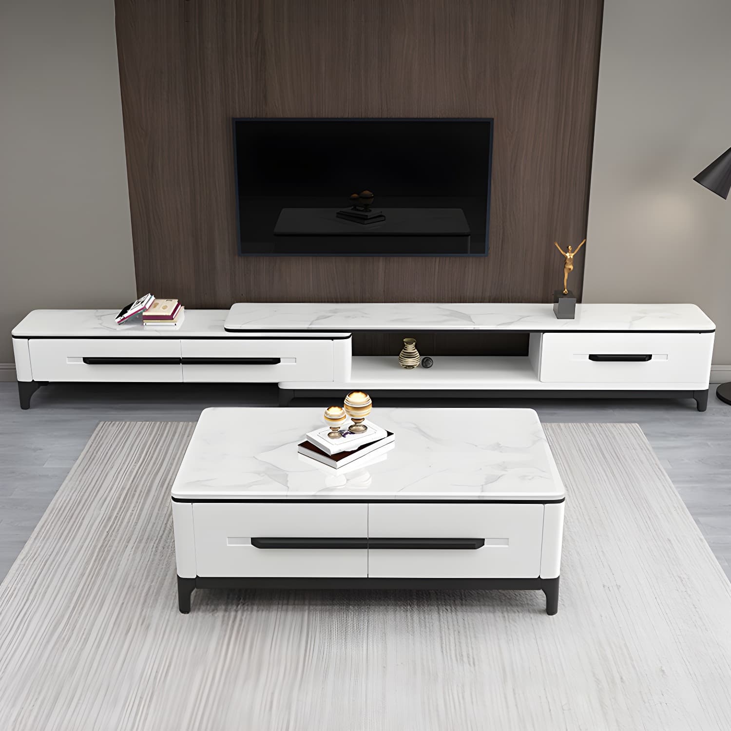 2 Drawers TV Console Modern Stone Media Console with Splayed Wooden Legs thumbnail 7