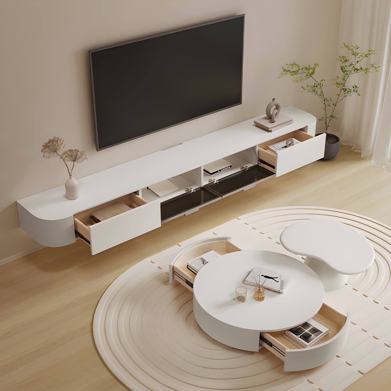 White Wall-mounted Media Stand with Drawers Contemporary TV Console, Faux Wood thumbnail 4