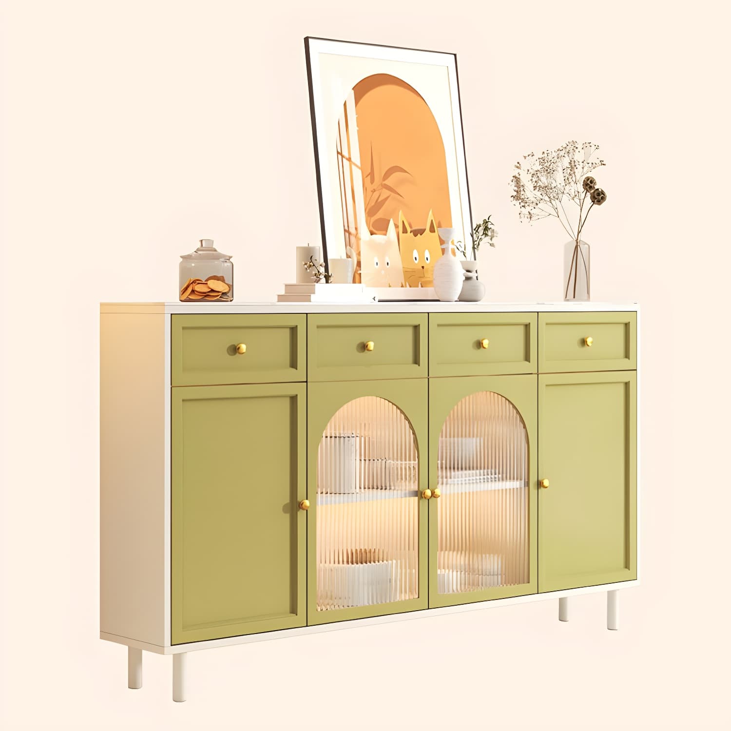 Scandinavian Wood Buffet Sideboard with Stone Countertop and Glass Doors thumbnail 13
