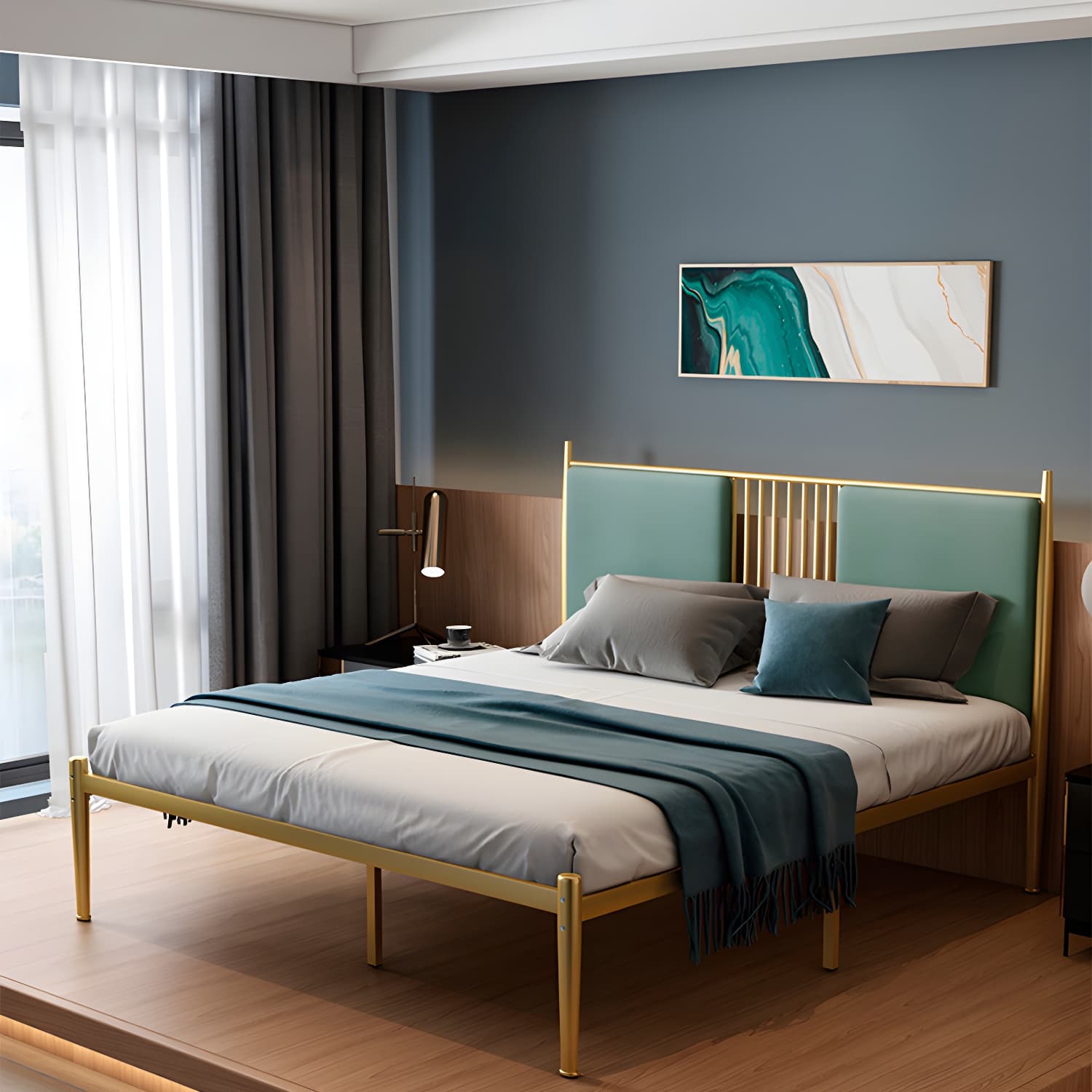 Golden Metal Bed Frame Set Glam 47.24" H Wire-Grid Open-Frame Bed with Headboard thumbnail 6