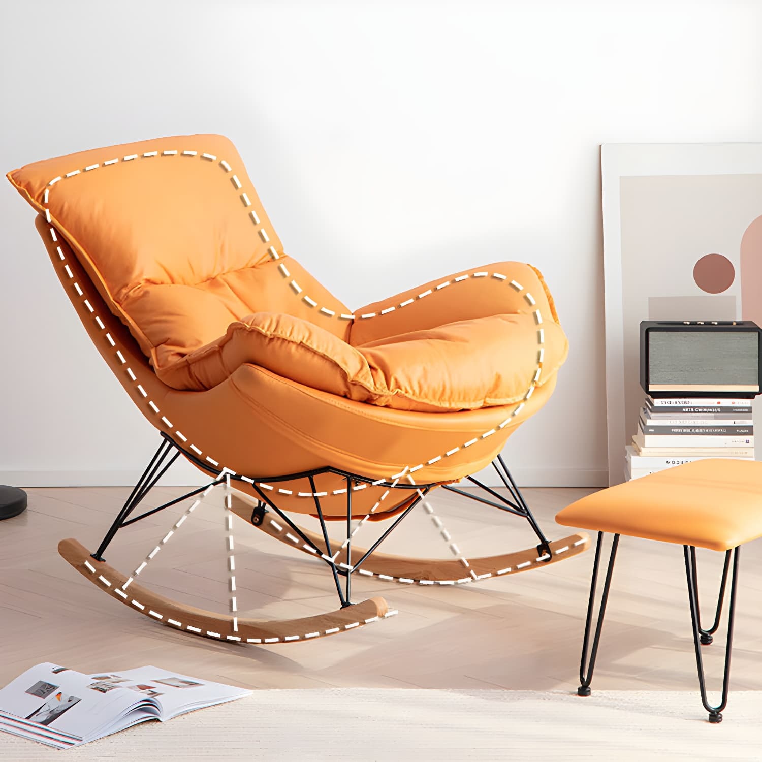Modern Glider Chair Solid Pure Color Faux Leather Rocker Chair with Ottoman thumbnail 11