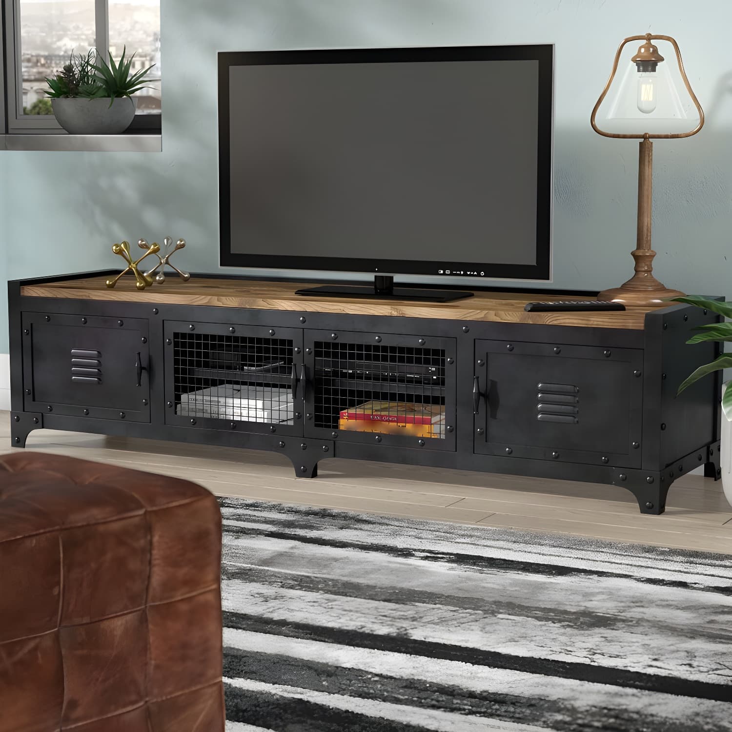 American Retro Industrial Style TV Cabinet Iron Art Solid Wood Bedroom TV Stand thumbnail 5
