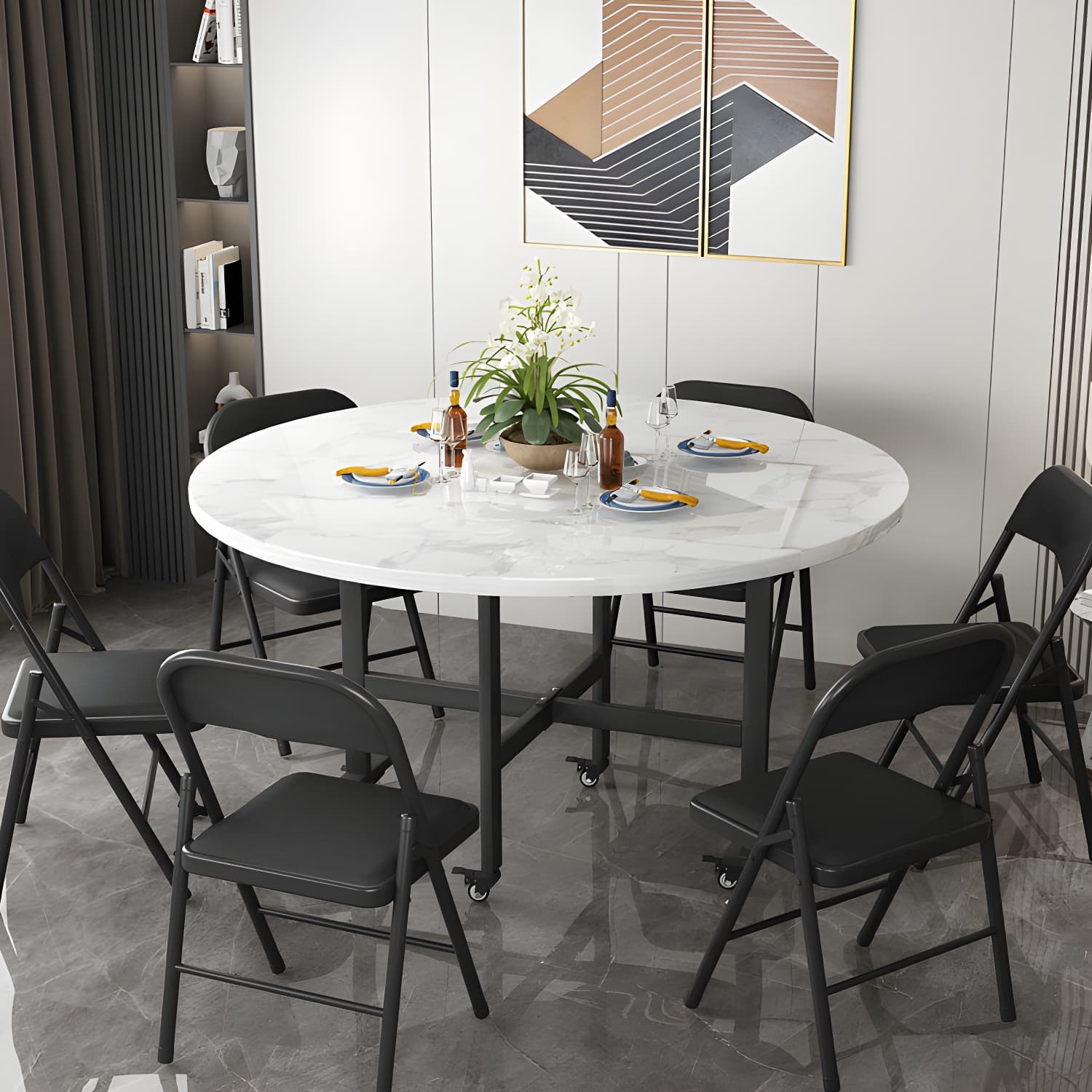 Modern Foldable Dining Table Round Wood Tabletop with Metal Legs thumbnail 7