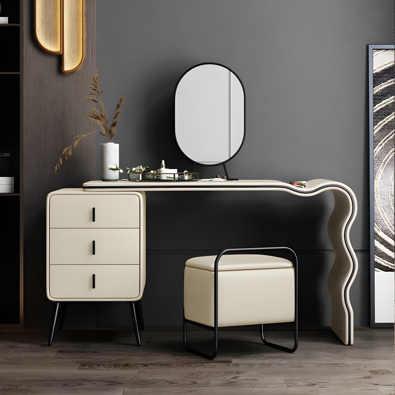 3 Drawers Make-up Vanity Set, 28.74" H Leather Vanity with Stool & Mirror thumbnail 13