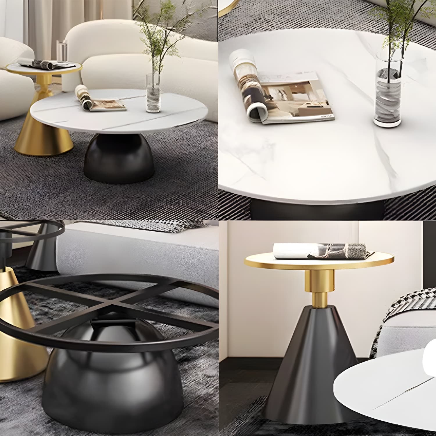 Round Stone Glam Coffee Table with Pedestal Iron Base and Built-in Storage thumbnail 13