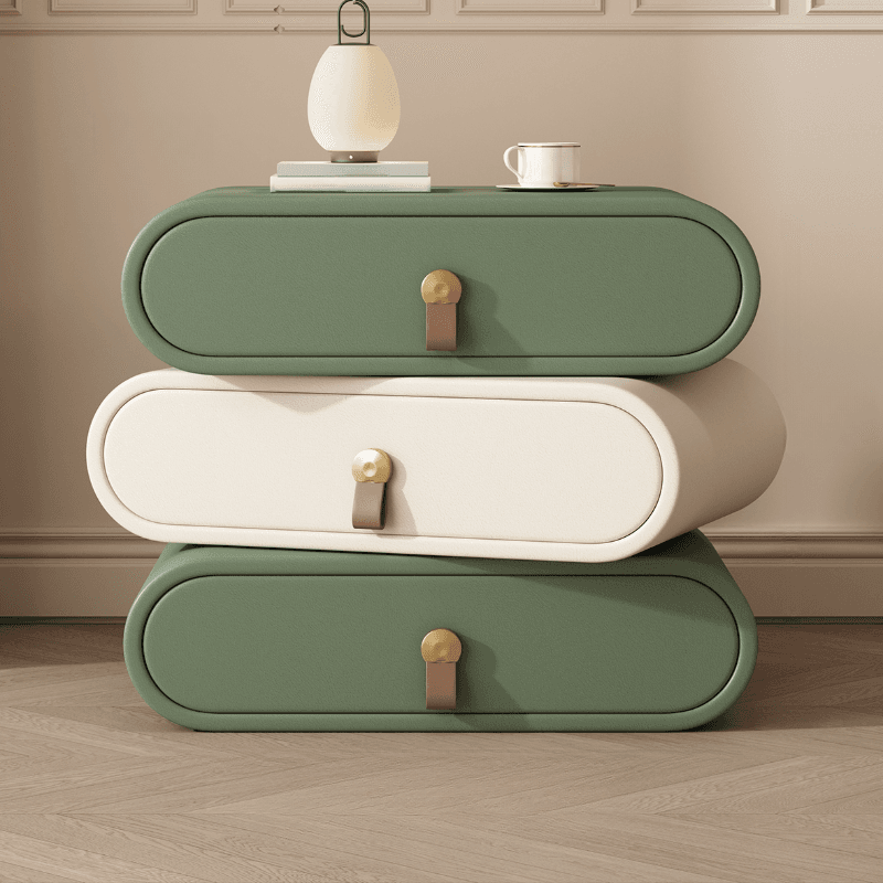 Art Deco Drawer Storage Nightstand with 3 Drawers and Natural Wood/Pleather Countertop thumbnail 3