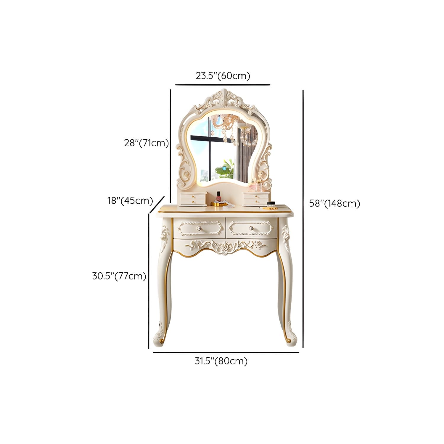 White Victorian Wood Vanity Dressing Table with Drawers Mirrored Makeup Vanity thumbnail 14