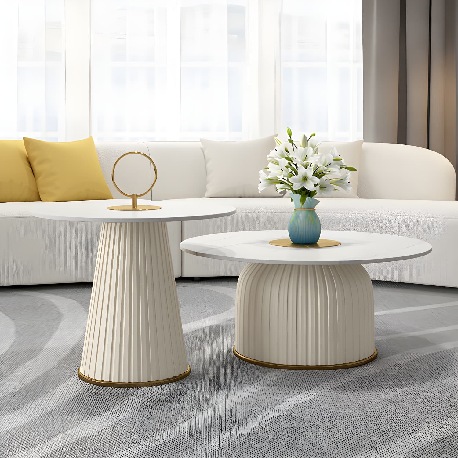 Modern Metal Cocktail Table Round Pedestal Coffee Table - White thumbnail 6
