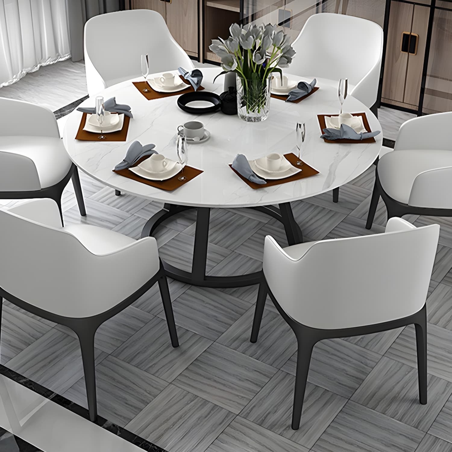 Round Marble Top Dining Table in White Traditional Luxury Dining Table thumbnail 5