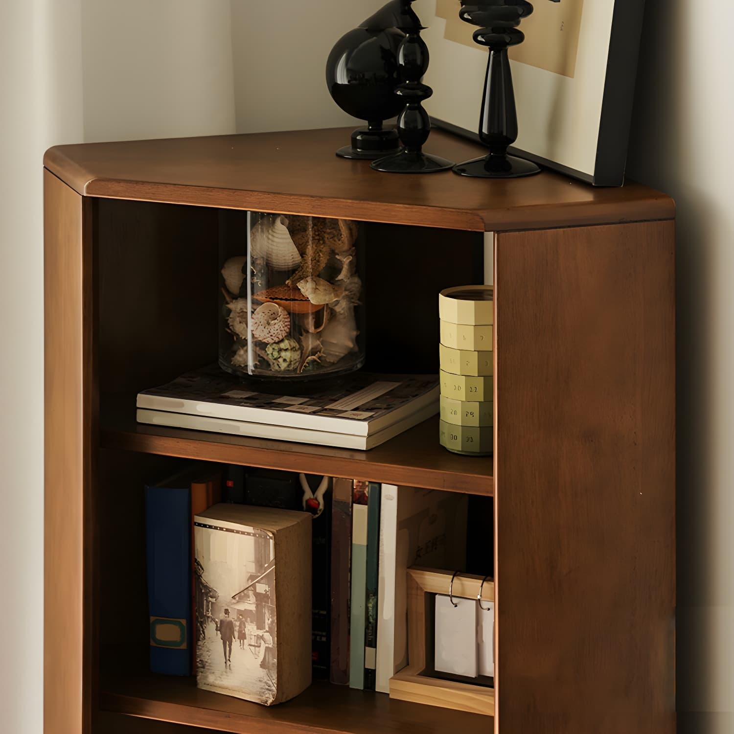 Corner Mid-Century Modern Accent Cabinet with Wood Countertop, Glass Doors, and 5 Shelves thumbnail 10