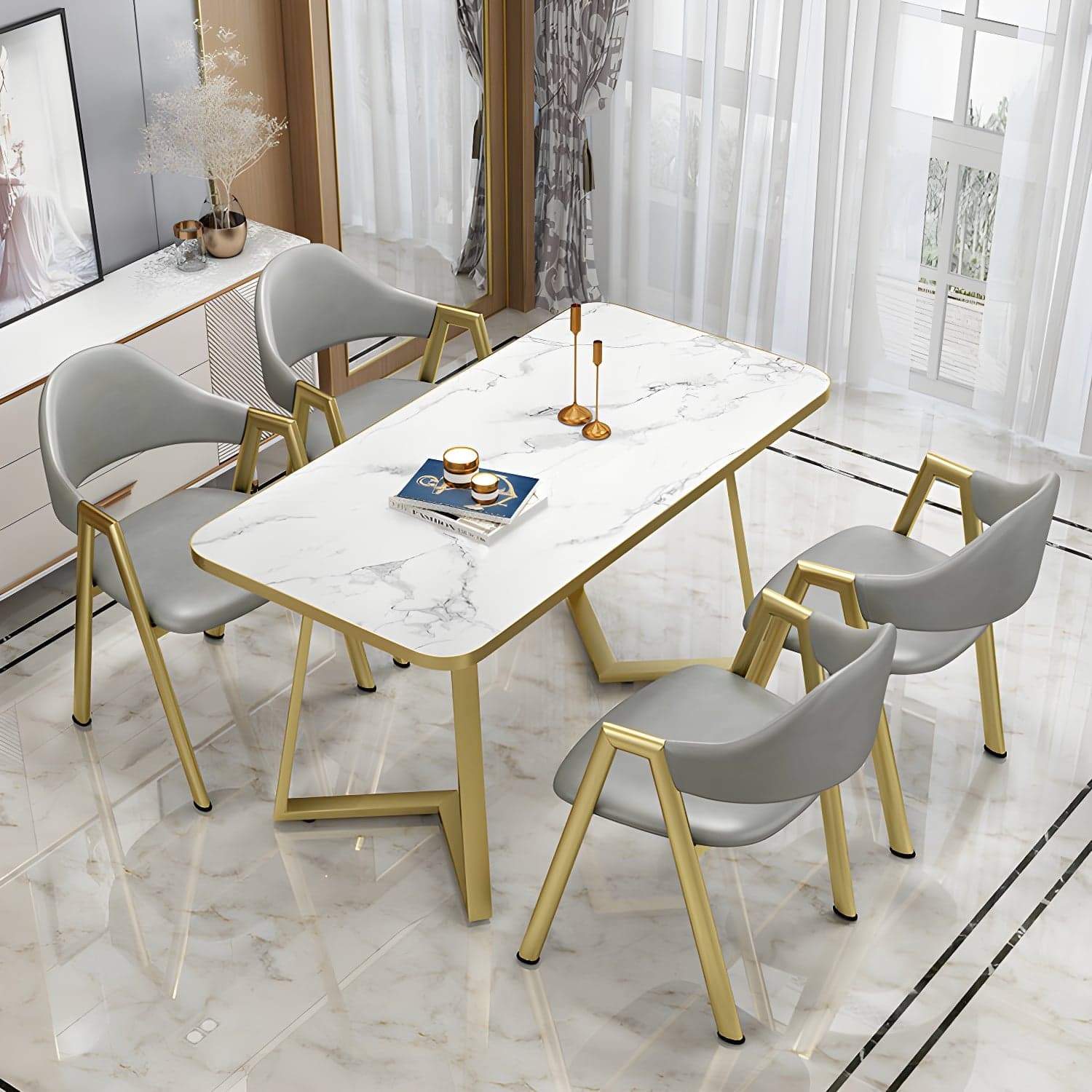 Glam White Wood Dining Set with Upholstered Chairs - 5 Piece Set thumbnail 2