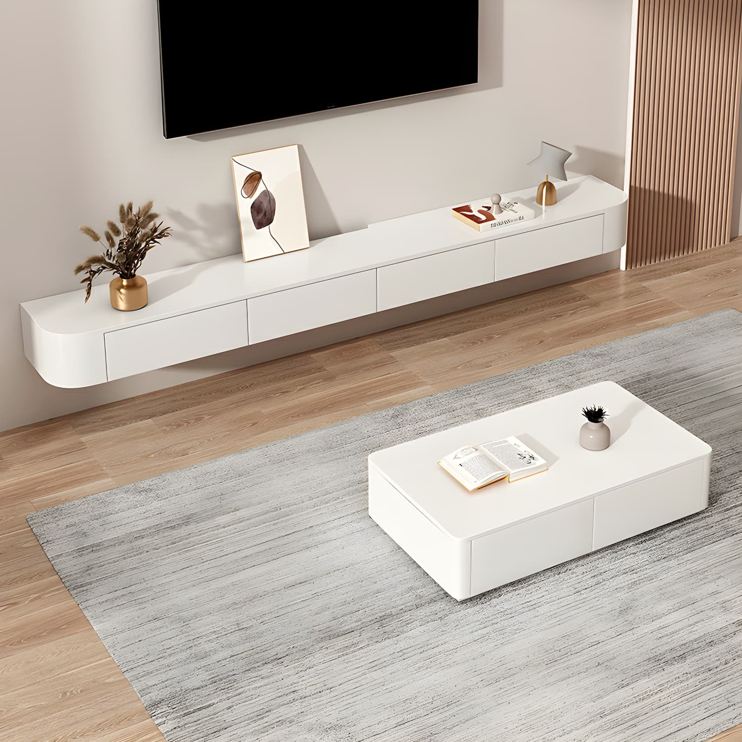Elegant Rubberwood TV Stand with Floating Mount, Cable Management, and Soft Close Drawers thumbnail 3