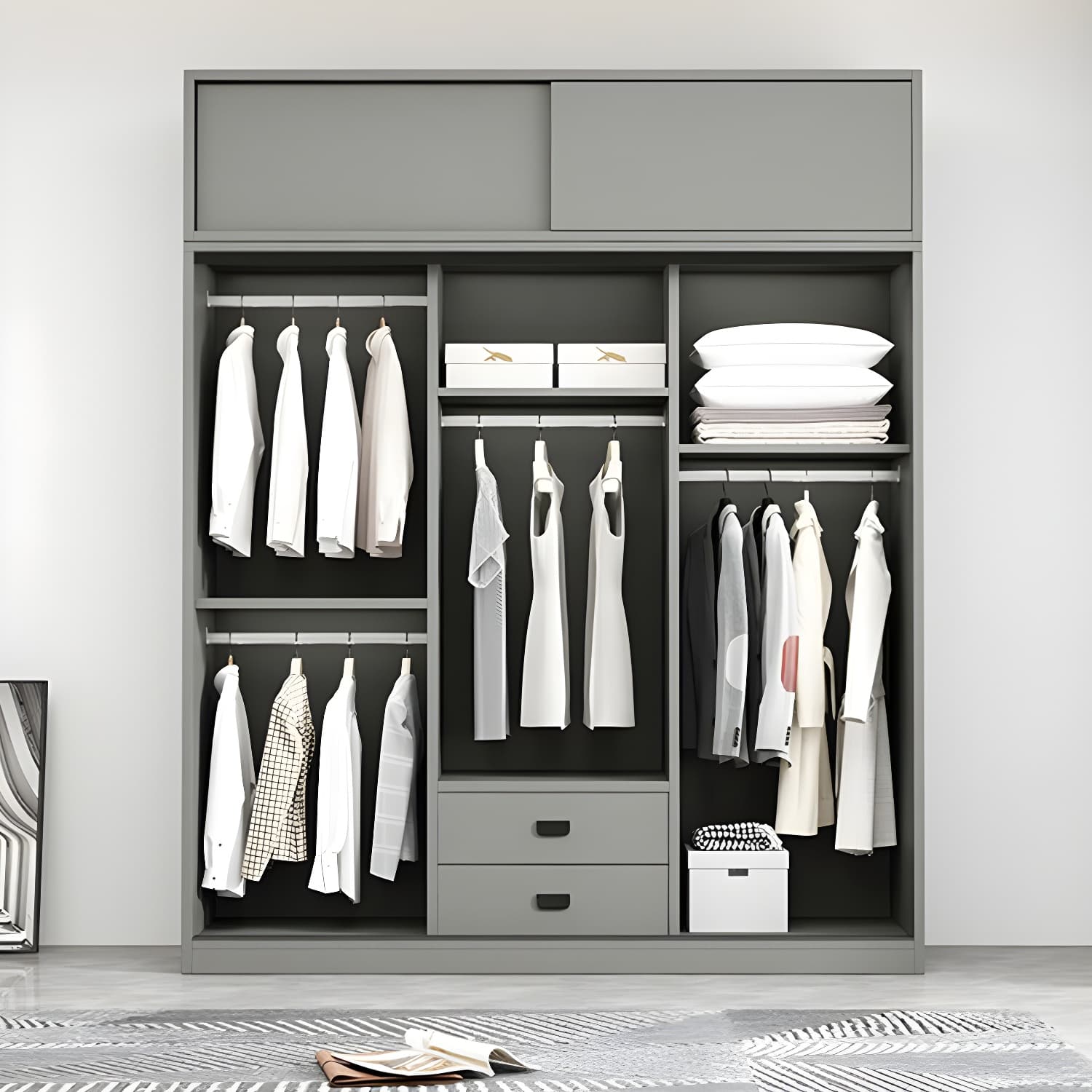 Contemporary Wood Grey Cloth Rod Included Wardrobe with Shelves thumbnail 8