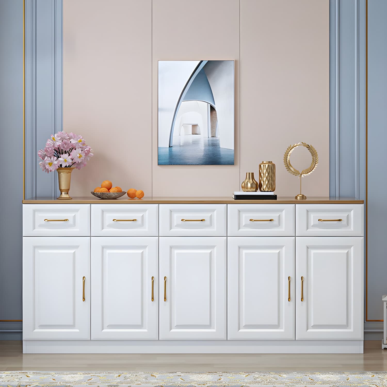 Modern Wood Buffet Sideboard with Cabinets, Drawers, and Shelves - No Distressing thumbnail 6
