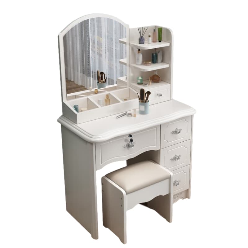 Modern White Wood Makeup Vanity with Seating & Standing Mirror thumbnail 5