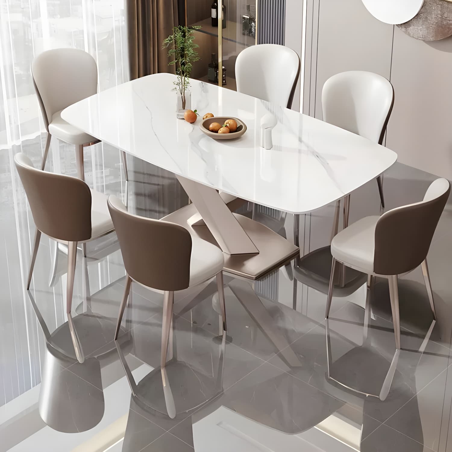 Modern Metal Dining Table in White with Pedestal Base and Violet Accents thumbnail 4
