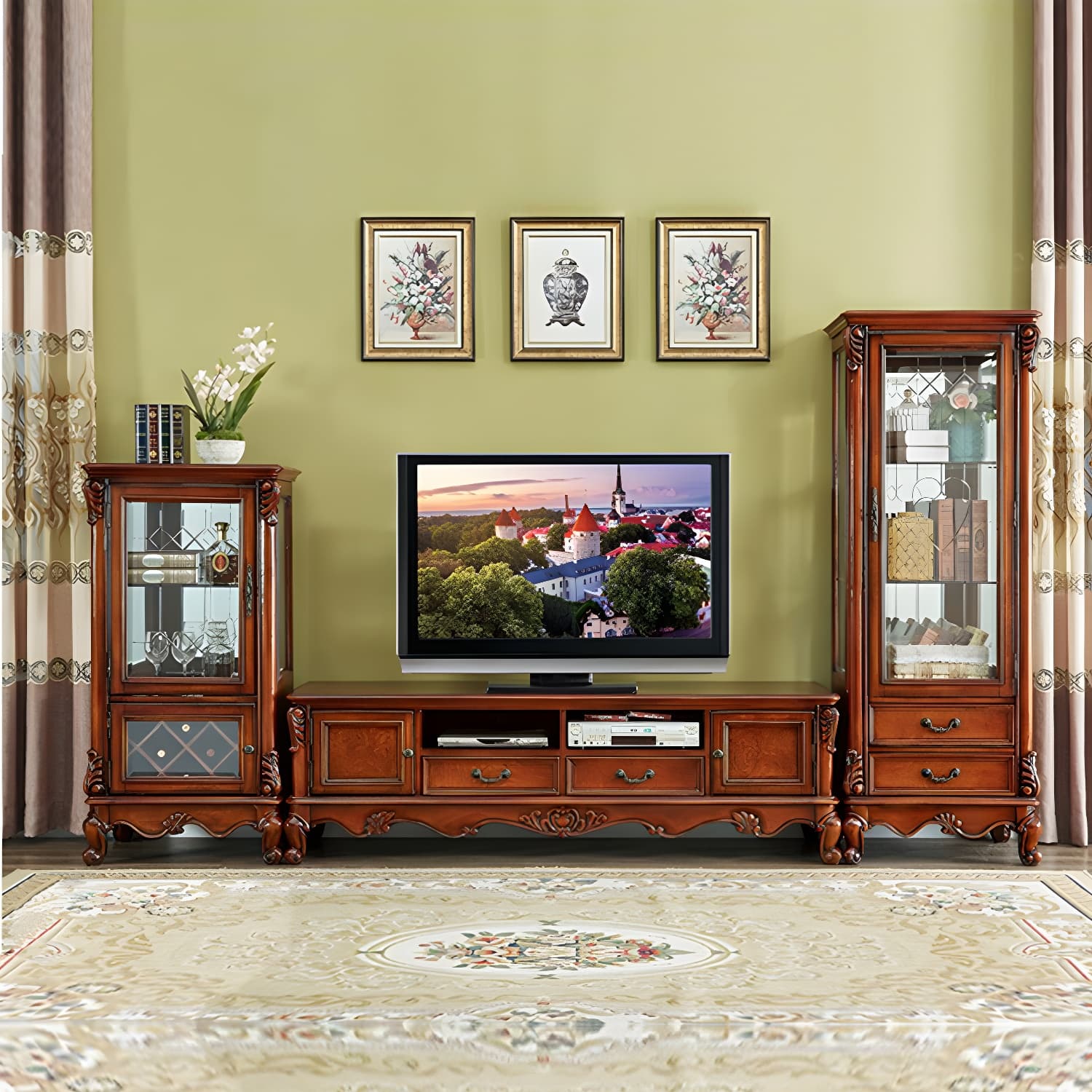 Solid Wood TV Console Traditional Enclosed TV Cabinet with Glide Drawers thumbnail 2