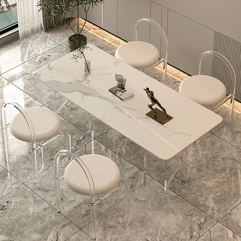 Dining Table Set with Rectangular White Slate Stone Top, Two-sided Pedestal Base, and Padded Chair with Back thumbnail 3