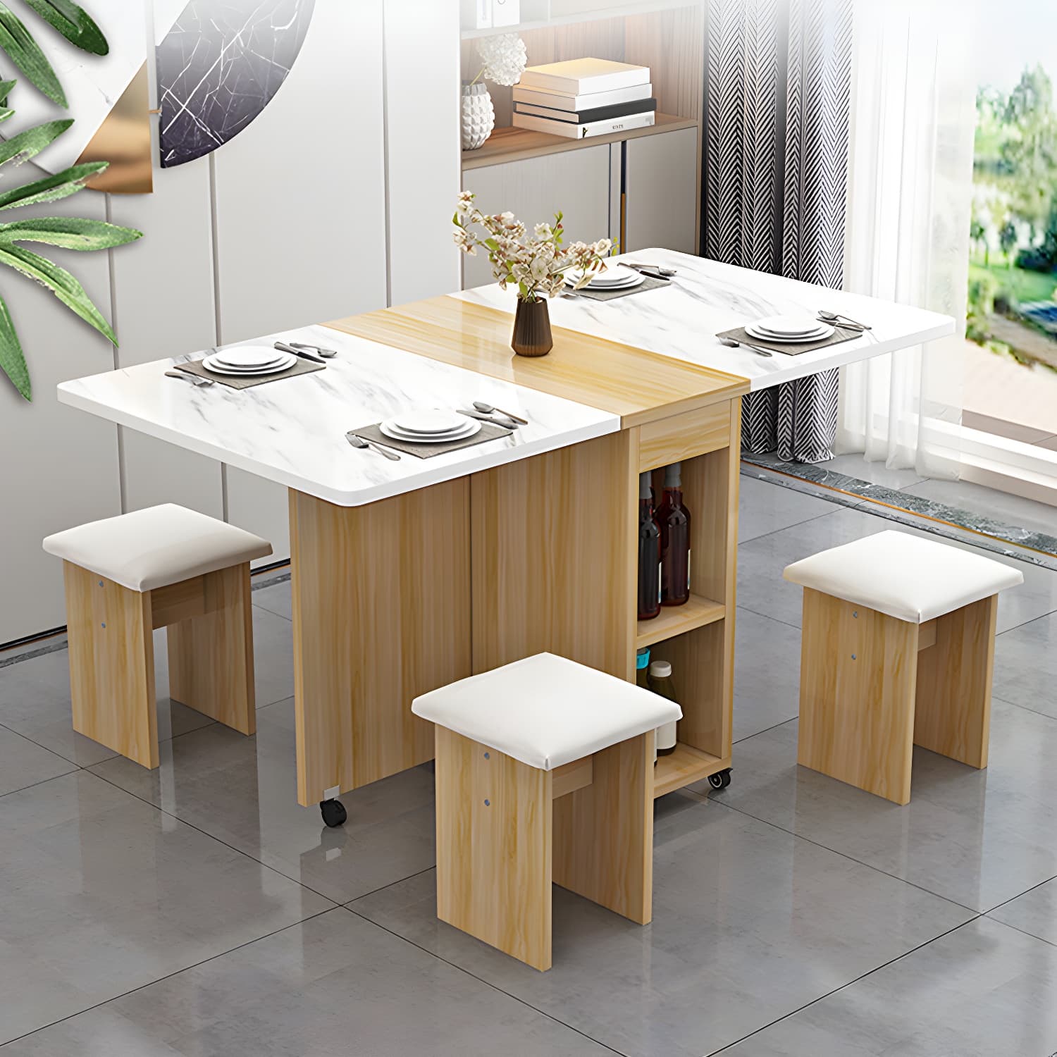 5-Piece Modern Wood Dining Set with Rectangle Table and White Backless Stools thumbnail 5