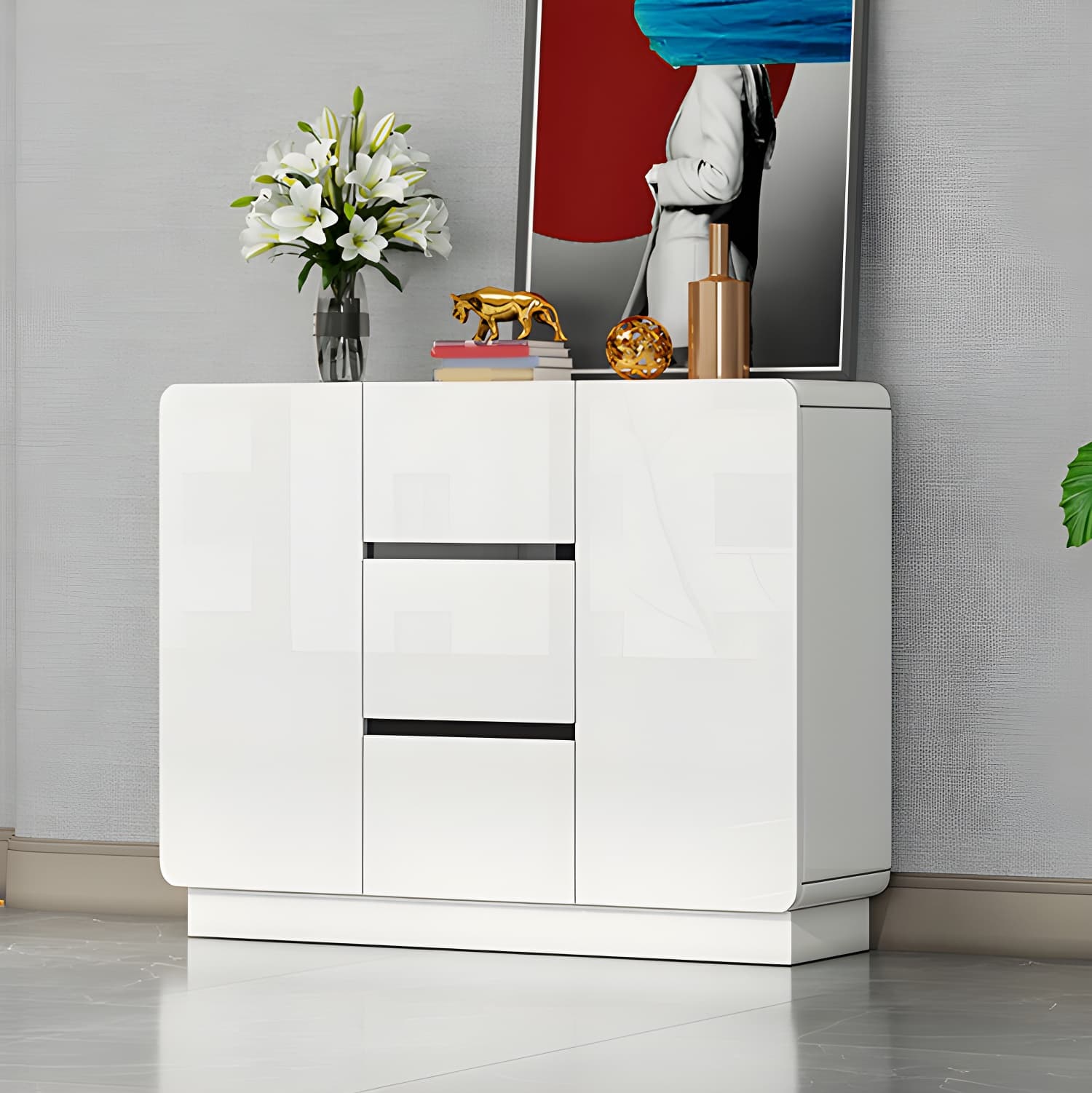 White Modern Sideboard Credenza with Adjustable Shelving and 3 Drawers thumbnail 11