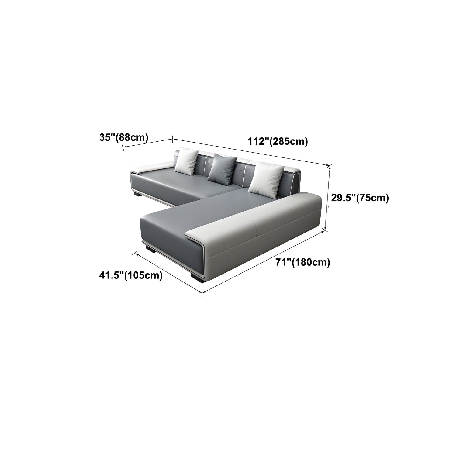 Faux Leather Sofa & Chaise with Pillows Modern U Sofa in Gray - 29.53" H thumbnail 26