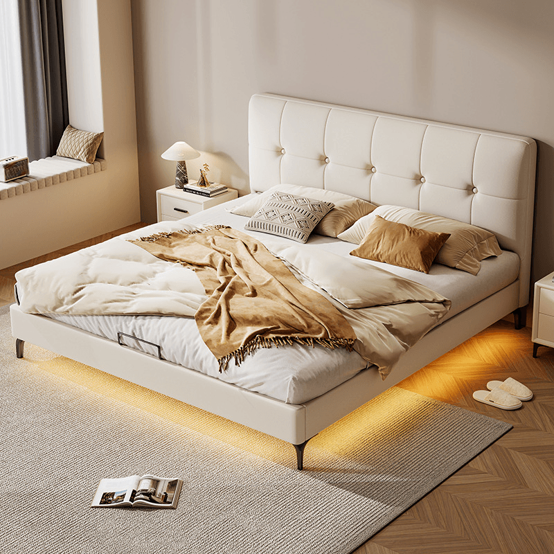 White Contemporary Panel Bed with Leg, Stitch-tufted Design, and Natural Wood Slats for Bedroom thumbnail 1