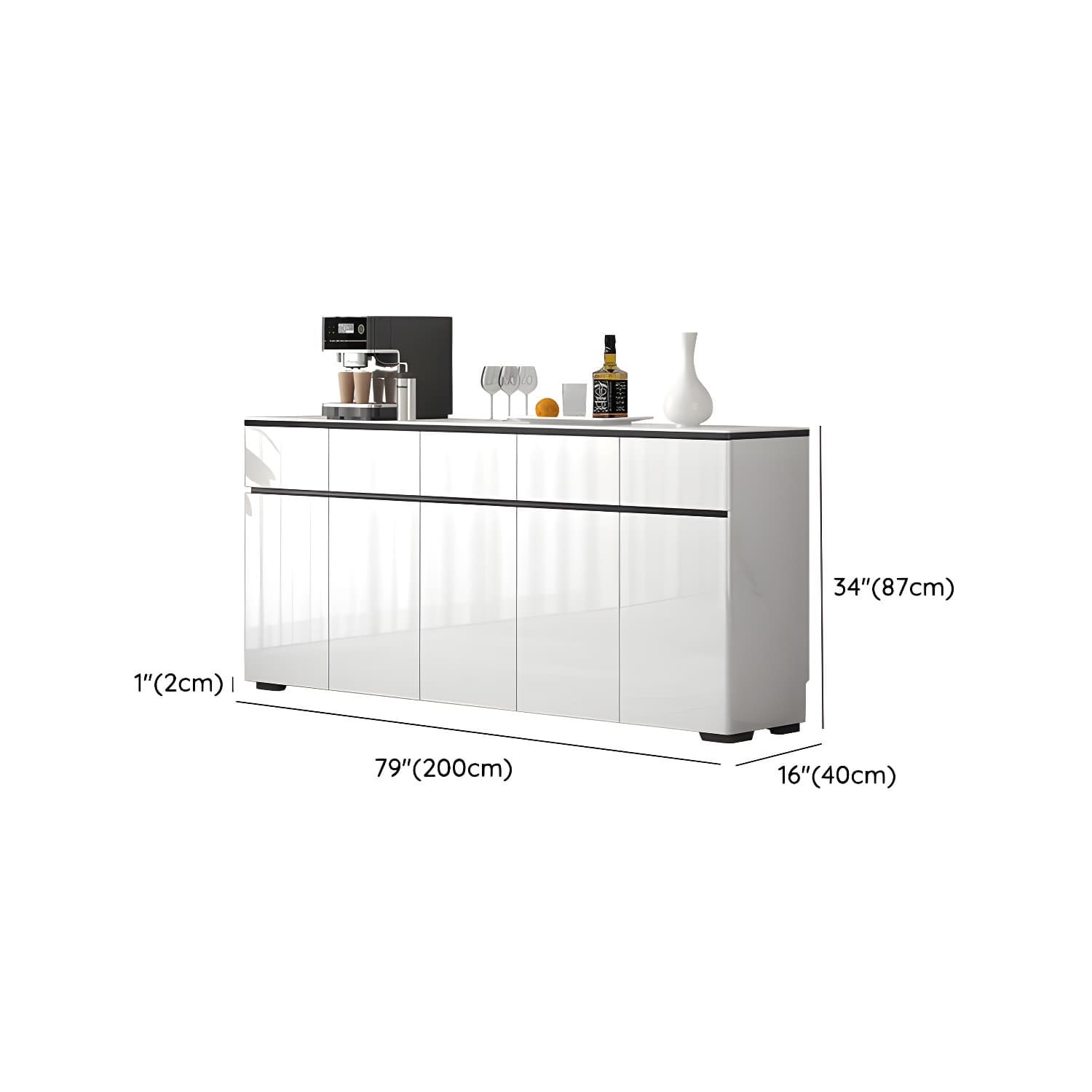 Modern White Sideboard with Glass Countertop, Cabinets, and Drawers thumbnail 14