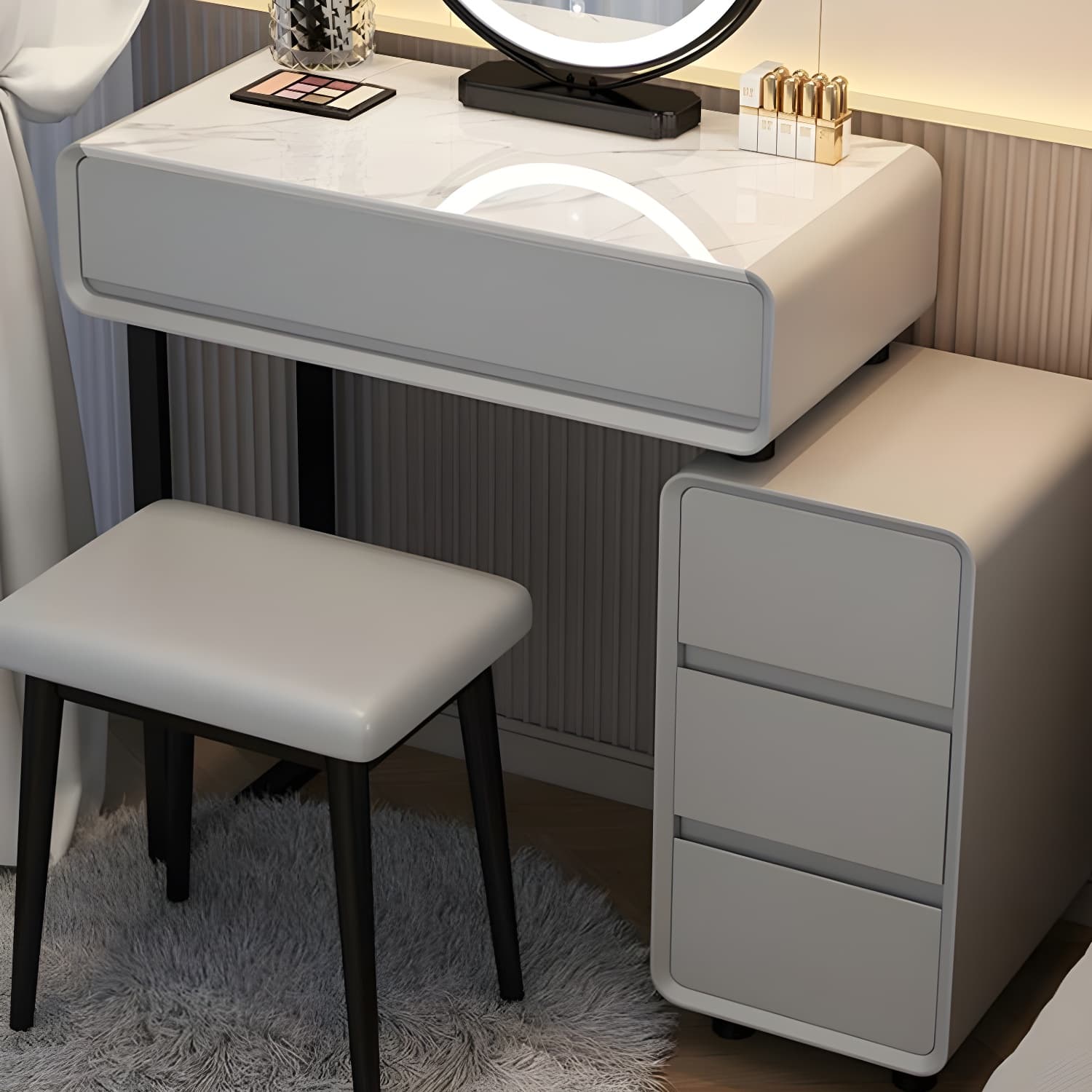 Modern Gray Makeup Vanity with Mirror & Drawers & Seat Included thumbnail 8